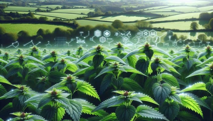 Natural Herbs for Hair Shine: A vibrant field of dewy nettle plants in the UK, symbolizing hair shine and health.