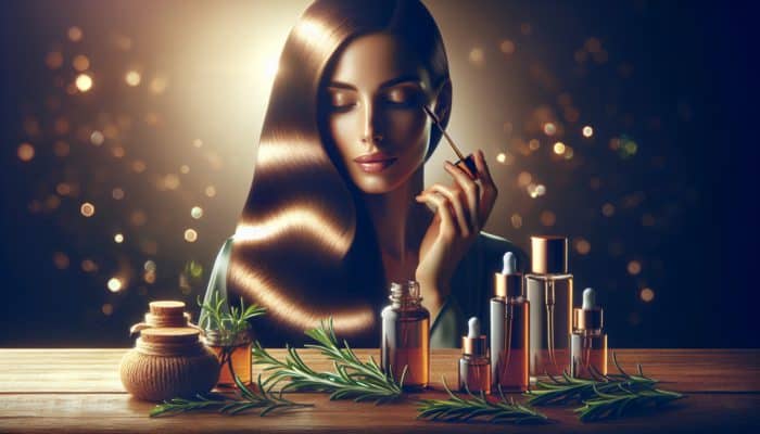 Woman applying rosemary and argan oil serum, her hair shining, surrounded by natural oil bottles on a wooden table.