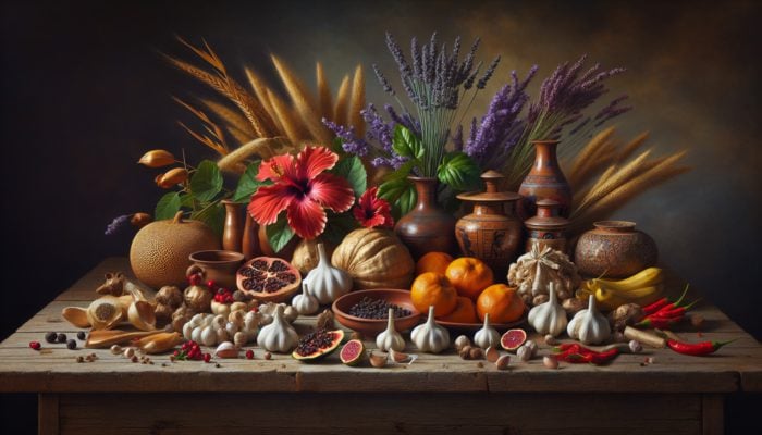 Best Herbs for High Blood Pressure: Garlic, hibiscus, lavender, hawthorn, and basil on a rustic table, with African and Asian cultural artifacts.