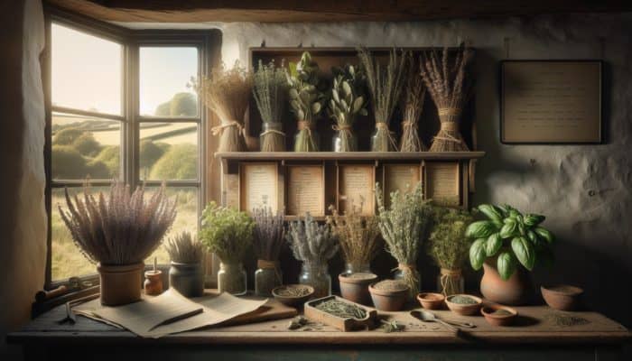 Simple Steps to Dry Herbs: Bundles of dried rosemary, thyme, sage, basil, and oregano on a rustic kitchen shelf, lit by soft sunlight.