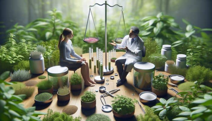 How to Report Herbal Reactions: A person consulting a healthcare provider with herbs and dosage indicators around them.