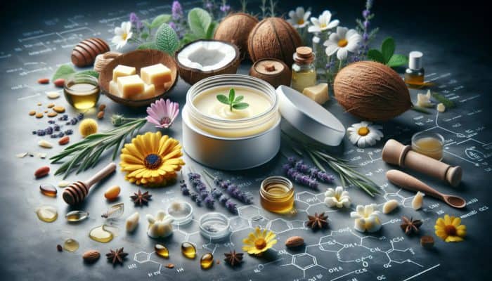Herbal Balms for Cracked Skin: A jar of herbal balm with ingredients like beeswax and shea butter, glowing softly, ideal for healing cracked skin.