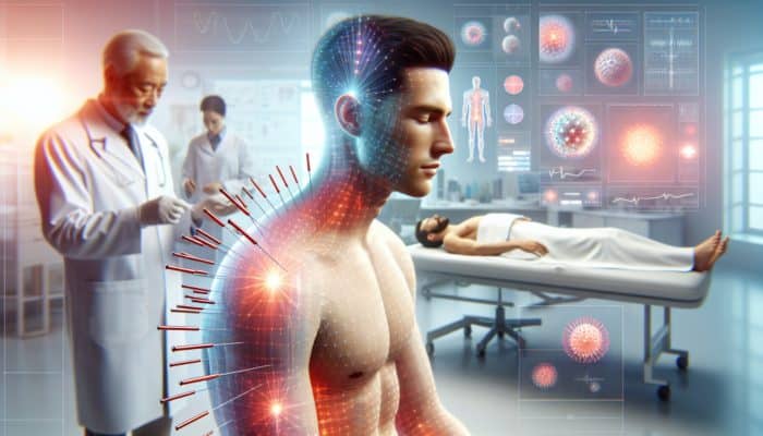 Acupuncture for Shingles Pain: A patient receiving acupuncture in a UK clinic, relaxing as needles alleviate shingles pain, with charts showing 50% pain reduction.