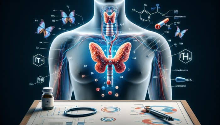 Herbal Support for Thyroid Health: Illustration of thyroid gland below Adam's apple, releasing T3 and T4 hormones, affecting metabolism, energy, and heart rate.
