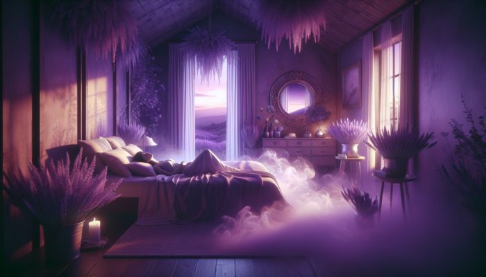 Best Herbs for Sleep Quality: A serene bedroom at twilight with blooming lavender plants and a person asleep amidst calming lavender mist.