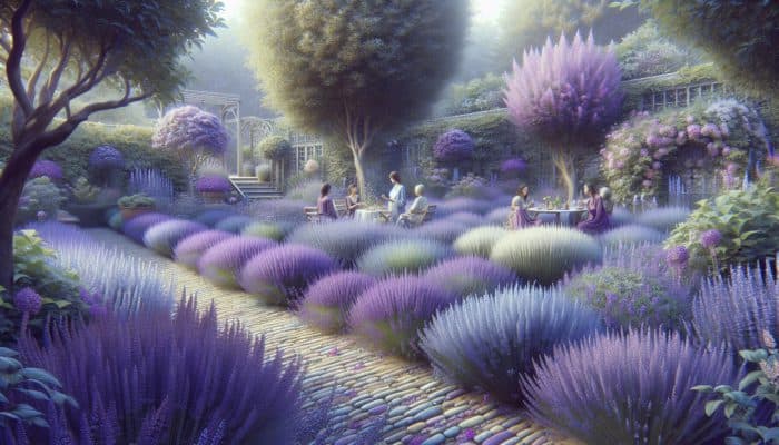 Best Herbs With Proven Efficacy: A serene English garden with blooming lavender plants, people enjoying tea and essential oils for relaxation.