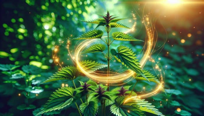 Illustration of lush nettle plants in a UK garden, symbolizing hair growth and scalp health.