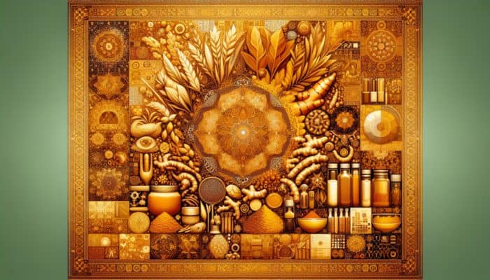 Turmeric as an Anti-Inflammatory: A golden tapestry illustrating turmeric's history in the UK, from exotic spice to kitchen staple.