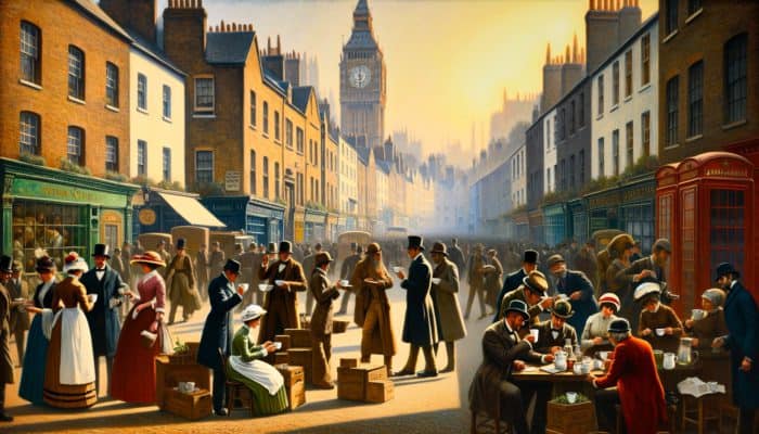 Peppermint for Digestive Health: Victorian London street scene with people enjoying peppermint tea, set against serene countryside villages, highlighting its digestive health benefits.