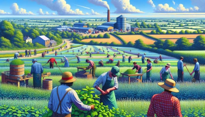 UK farm landscape with thriving peppermint fields, farmers harvesting, and small businesses processing the herb.