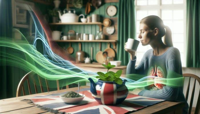 Person sipping peppermint tea in a cozy UK kitchen, with green waves symbolizing digestive relief.