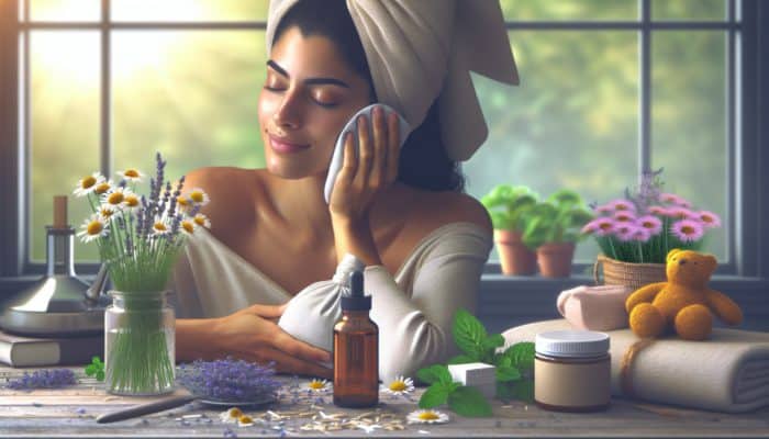 Person applying cool compress to skin, surrounded by herbs, with antihistamines nearby in a soothing environment.