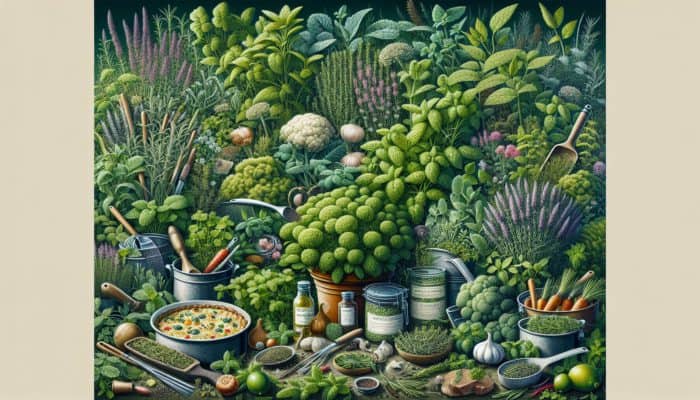 How to Garnish with Herbs: A British kitchen garden with rosemary, thyme, and mint, enhancing dishes from shepherd's pie to modern cuisine.