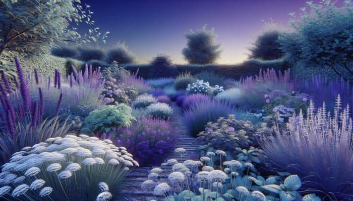 Herbs to Calm Anxiety Naturally: A serene English garden at dusk with blooming lavender, chamomile, and lemon balm, symbolizing natural anxiety relief.