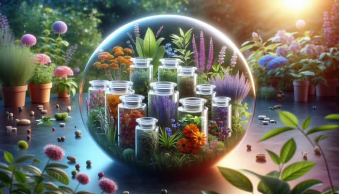 A serene garden with vibrant, pure herbs in glass jars, symbolizing herbal purity and safety in medicine.