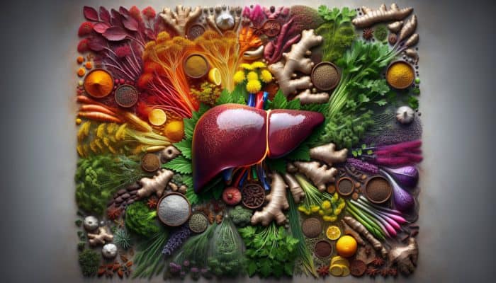 Herbs for Family Detox Days: A vibrant array of detox herbs surrounding a glowing liver, symbolizing health and wellness.