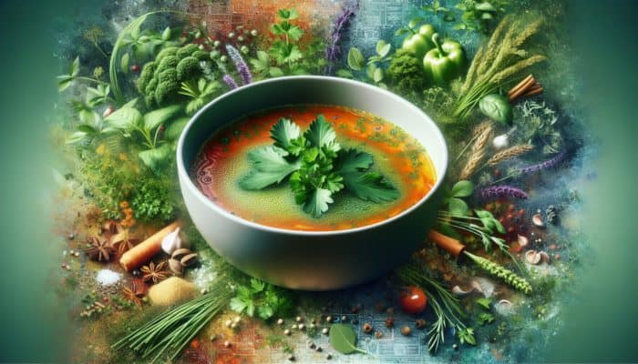 A vibrant bowl of soup with fresh herbs like parsley and thyme, surrounded by various herbs and spices.