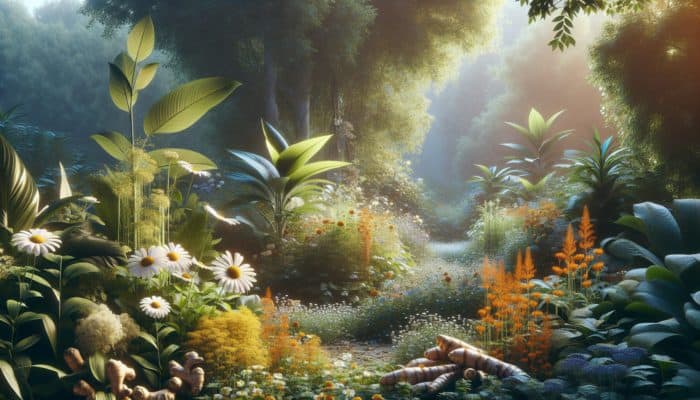 How to Use Herbs for Chronic Illness: A garden with chamomile, turmeric, and ginger plants, used for managing chronic illnesses.