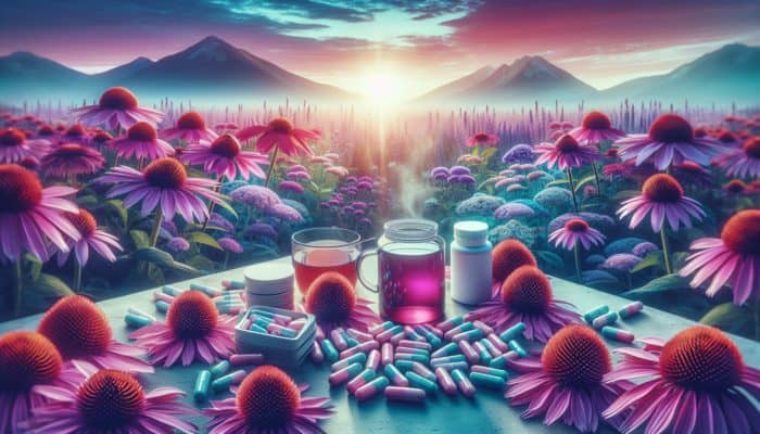 Echinacea for Immune Support: A vibrant field of purple Echinacea flowers in North America, surrounded by herbal supplements, capsules, and tea.