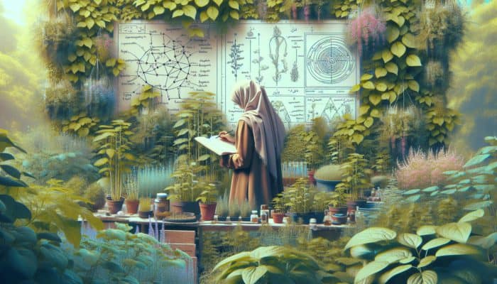 A lush herb garden with a gardener noting observations in a journal, surrounded by herbs at various growth stages.