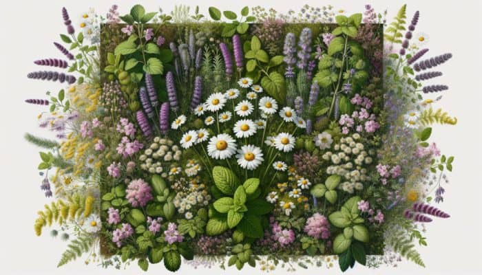 Starting with Herbal Remedies Basics: A serene garden with chamomile, elderflower, lavender, thyme, nettle, rosemary, mint, and St. John's Wort, representing holistic health.
