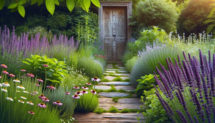 A garden path with herbs like lavender, chamomile, and mint, leading to an ancient wooden door.