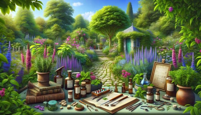 How Rosemary Promotes Hair Strength: A vibrant British garden with flourishing rosemary, historical apothecary tools, and ancient herbal remedy books focused on hair care.