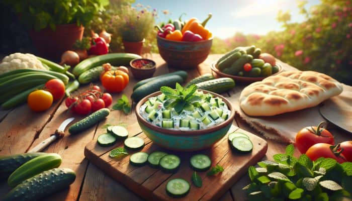 Herbal Dips for Parties: A bowl of mint and cucumber dip with vegetables and pitta bread on a picnic table under a sunny sky.