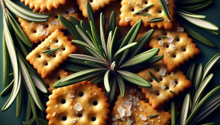 How to Use Herbs in Snacks:Rosemary-infused crisps and crackers with vibrant green leaves, enhancing flavor with a pine-like aroma.