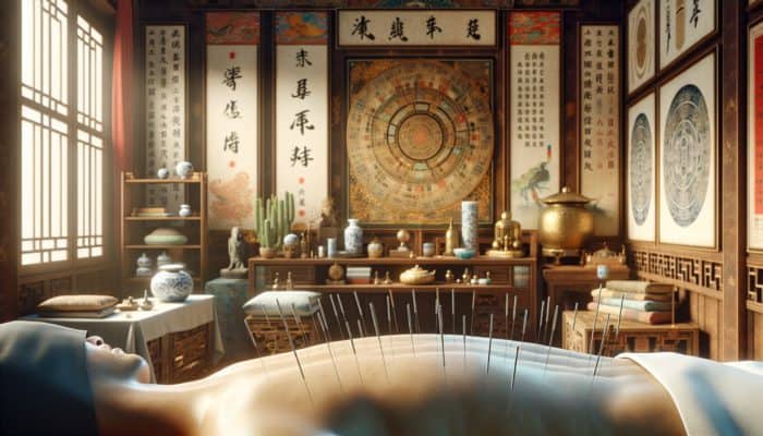 A serene acupuncture session in a traditional Chinese setting with needles and symbols of Qi energy.