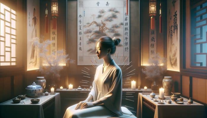 Acupuncture in Low-Income Communities: A serene East Asian woman receiving acupuncture in a tranquil room with traditional Chinese decor.