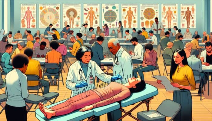 Community leaders hosting an acupuncture workshop in a vibrant community center with engaged attendees and a serene demonstration.