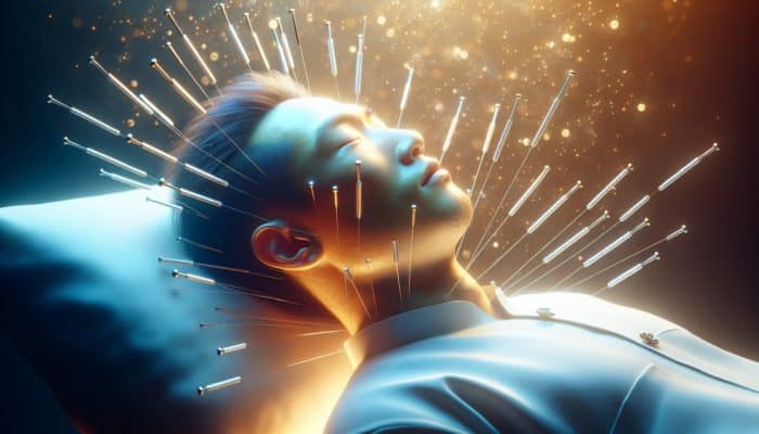 A person receiving acupuncture on head and neck, glowing softly, for migraine relief.