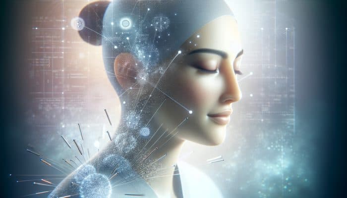 A serene woman receiving acupuncture for migraine relief, surrounded by a calming glow.