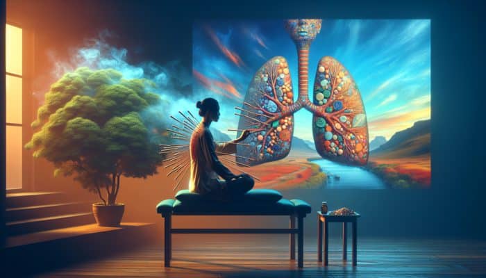 A serene acupuncture session in Edinburgh, showing a patient's relief from severe asthma and improved lung function.