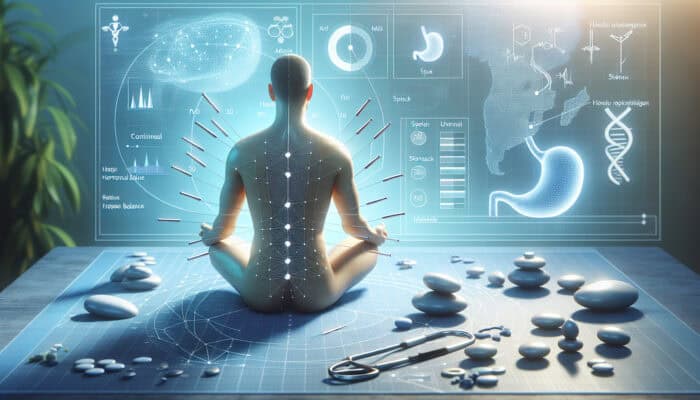 Acupuncture session targeting metabolism with needles on spleen and stomach points, clinical setting with hormonal diagrams.