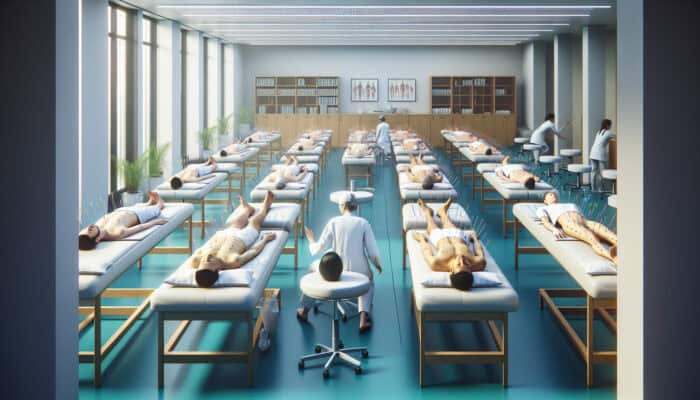 Acupuncture For Mental Fatigue: A serene UK clinic room with patients on acupuncture tables, showing relaxation and mental clarity.