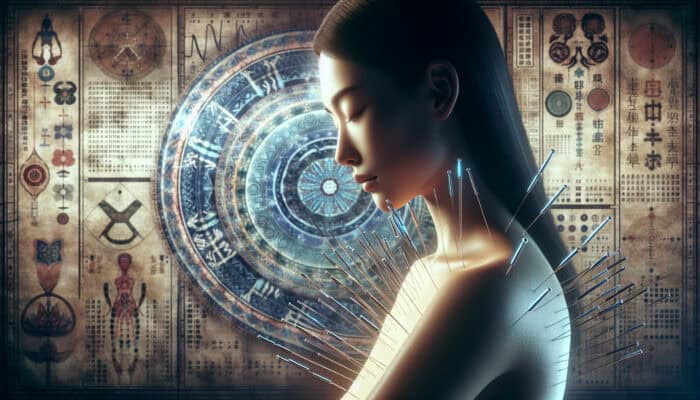 A serene Asian woman receiving acupuncture, blending traditional and modern chronic illness management.