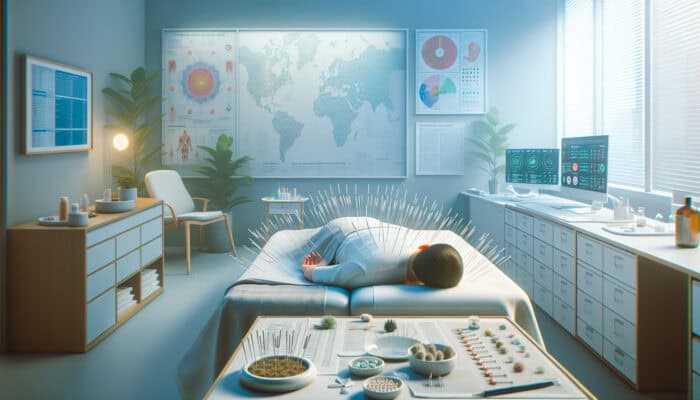 A serene acupuncture session in a UK clinic, enhancing relaxation, pain relief, and empowerment for an autoimmune patient.