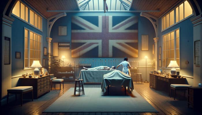 Introduction to Acupuncture Meridians: A 1970s UK clinic blending traditional Chinese acupuncture with modern British elements for local patients.